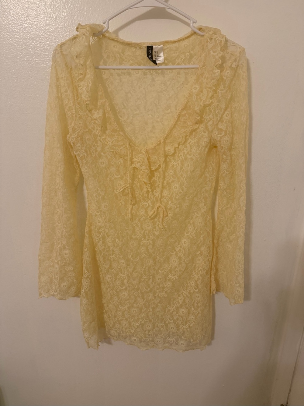 Divided Lace Long Sleeve Mini Dress in Pale Yellow